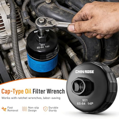 64-65mm Oil Filter Wrench, 14 Flutes, 1/2 Inch Square Drive | Heavy-Duty, Oil Filter Socket Wrench, Flute Oil Filter Removal Tool