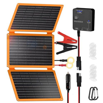 FieryRed 30W 12V Solar Panel Car Battery Charger & Maintainer, Portable Waterproof Trickle Charger with Built-in Controller, Cig Plug, Alligator Clips, USB-C, USB-A Outputs for Car, Boat, RV, Tractor - size: 30W