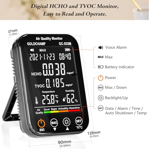 Upgraded 4-in-1 Air Quality Monitor – Portable HCHO & TVOC Detector | Temp/Humidity, Large LCD Screen, Audible Alarm, 96-Record Memory & Auto Shutdown for Home, Office, and RV