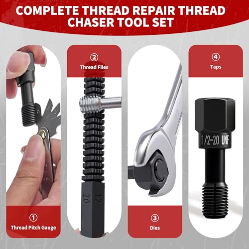 61 Pcs Thread Chaser Set, Metric & SAE Thread Repair Kit with Pitch Gauge - Clean and Restore Damaged Threads on Automotive, Motorcycle, Engine Blocks, Nuts & Bolts, Ideal for DIY Repairs