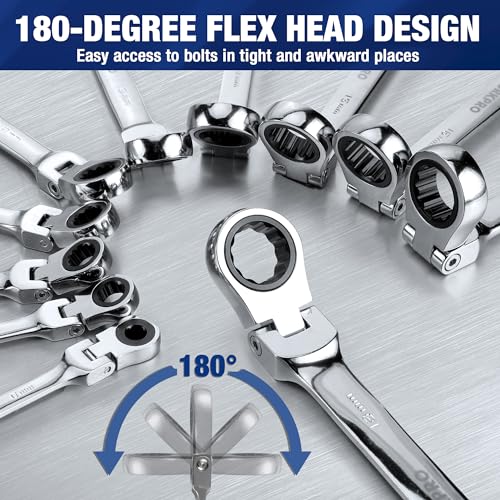 WORKPRO 22-Piece Ratcheting Wrench Set, Flex-Head Ratchet Combination Wrench Sets with Organizer Box, 72 Teeth, Metric 6-18mm & SAE 1/4-3/4" - style: Flex-head & Polished