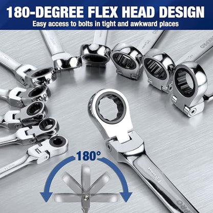WORKPRO 22-Piece Ratcheting Wrench Set, Flex-Head Ratchet Combination Wrench Sets with Organizer Box, 72 Teeth, Metric 6-18mm & SAE 1/4-3/4" - style: Flex-head & Polished