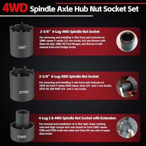Sunluway 6 Pcs Spindle Nut Socket Set 41660D 4WD Axle Hub Lock Nut Socket Spindle Remover 1/2” Drive for Ford F250 F350 Dana 44/50/60, Toyota, GM Chevy, and Dodge, Lug Out Spindle Nut Socket Set