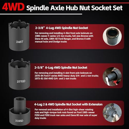 Sunluway 6 Pcs Spindle Nut Socket Set 41660D 4WD Axle Hub Lock Nut Socket Spindle Remover 1/2” Drive for Ford F250 F350 Dana 44/50/60, Toyota, GM Chevy, and Dodge, Lug Out Spindle Nut Socket Set