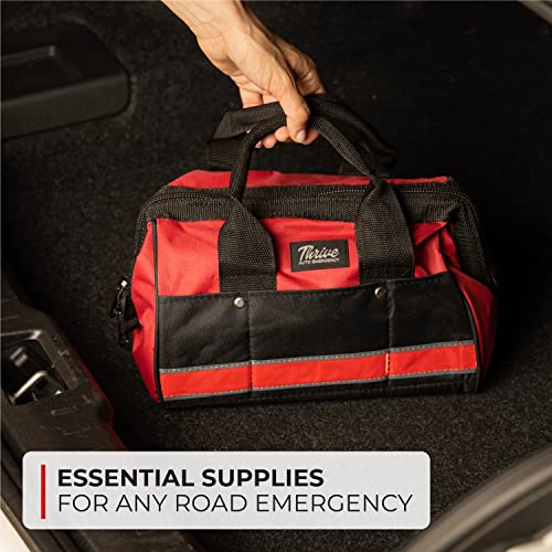 Thrive Car Emergency Kit & Roadside Emergency Car Kit - 104-Piece Set, Red Canvas Bag, Universal Fit - Jumper Cables, Escape Hammer & Tire Gauge - Road Trip Essentials & Emergency Supplies - color: Red Canvas Bag