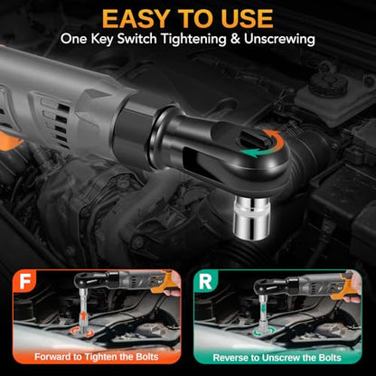This Hill 3/8" 66 Ft-lbs Brushless Power Ratchet Driver with 2 Pack 15C 2000 mAh Lithium-Ion Battery, 20V 90NM Cordless Electric Ratchet Wrench Set, 1/4" and 1/2" Adapter for Automobile Engine