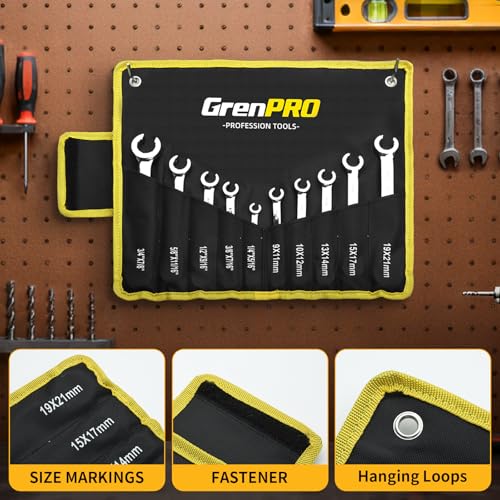 GRENPRO 6-Point Flare Nut Wrench Set – 10Pcs CR-V Steel Brake Line Wrench Kit for Cars & Trucks,Complete Standard (1/4"-7/8") and Metric (9-21mm) Sizes, Includes Storage Pouch & Identification Gauge - size: 10PCS Metric & SAE