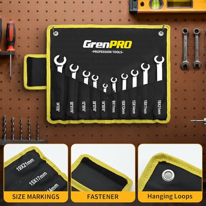 GRENPRO 6-Point Flare Nut Wrench Set – 10Pcs CR-V Steel Brake Line Wrench Kit for Cars & Trucks,Complete Standard (1/4"-7/8") and Metric (9-21mm) Sizes, Includes Storage Pouch & Identification Gauge - size: 10PCS Metric & SAE
