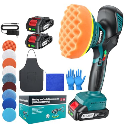 Cordless Car Buffer Polisher Kit, 6" Dual Action Random Orbital Polisher, 6 Variable Speed (1600–5500 RPM) 2×21V 2000mAh Rechargeable Batteries, 13 PCS Polishing & Waxing Attachments for Car Detailing