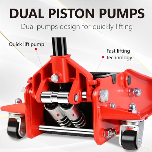 4T Low Profile Steel Floor Jack, 8000 lb, Dual Pump, 4"-21" Lift, Red | Heavy-duty steel, dual-piston quick lift, low profile, 4"-21" range, overload safety protection. - size: 4T Dual Pump 4"-21"(Red)
