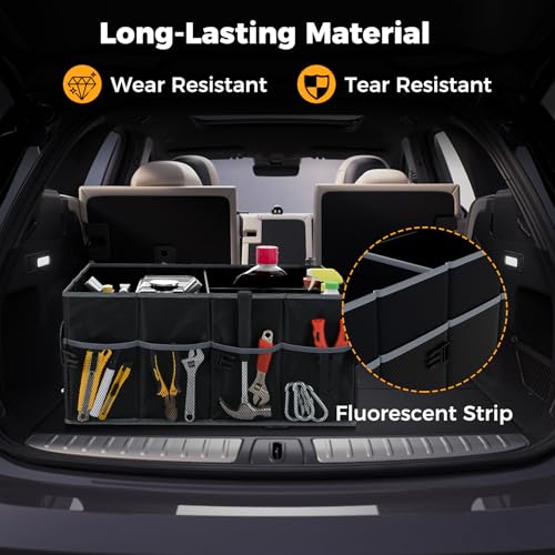 Car Trunk Organizer, 13 Gallon Collapsible Cargo Storage Box with Removable Divider & 6 Pockets, 3-Compatment Trunk Container with Securing Straps & Non-Slip Bottom for SUV, Sedan - size: 13 Gallon