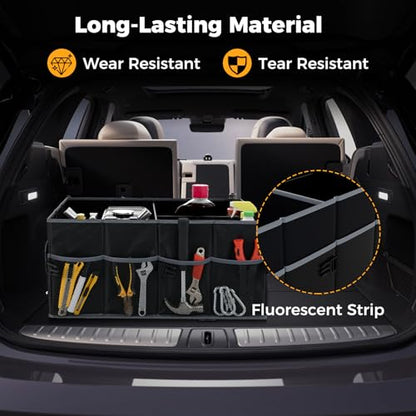 Car Trunk Organizer, 13 Gallon Collapsible Cargo Storage Box with Removable Divider & 6 Pockets, 3-Compatment Trunk Container with Securing Straps & Non-Slip Bottom for SUV, Sedan - size: 13 Gallon