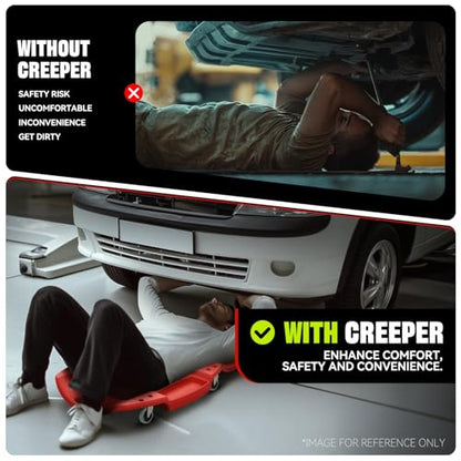 Auto Dynasty 47 Inches Mechanic Creeper, Automotive Garage Repair Low Profile Under Car Rolling Creeper with Padded Headrest, Plastic, Red - color: Red