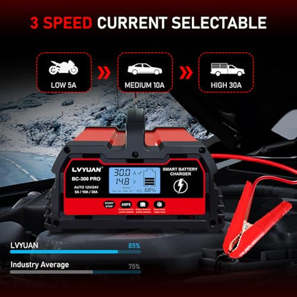LVYUAN 30Amp Smart Car Battery Charger, 12V/24V Automotive Charger, Lead-Acid Battery, LiFePO4 Battery Maintainer with LCD Display, Trickle Charger, for Lawn Mower, Motorcycle, AGM, STD, Gel, EFB,etc