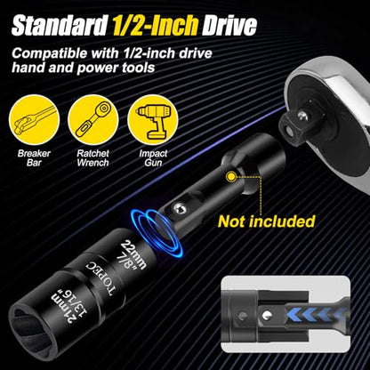 Topec 21mm x 22mm Flip Lug Nut Extractor, 1/2" Drive Lug Nut Removal Tool, 2-IN-1 Wheel Lock Remover Socket - size: 21 x 22mm