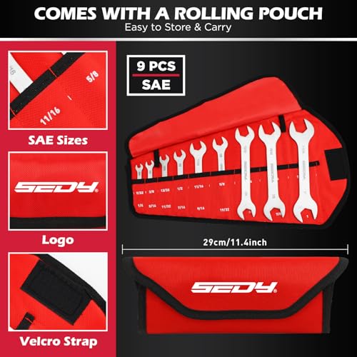 9-Piece Super Thin Open-End Wrench Set, SAE 1/4"-1-1/16", 3mm Thickness Slim Wrench Set for Tight Spaces, Nickel Plated Flat Wrenches with Rolling Storage Pouch - style: 9-Pc SAE (3mm Super Thin)