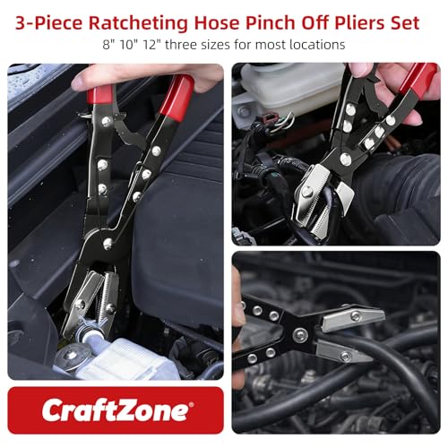 3-Piece Ratcheting Hose Pinch Off Pliers Set 8" 10" 12" Locking Hose Pinch Pliers Set for Radiator Coolant Automotive Fuel Lines
