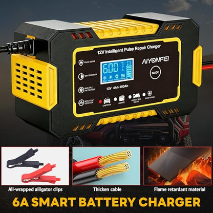 12V 6-Amp Battery Charger, Smart Trickle Charger Maintainer Yellow | Battery Desulfator, Winter & Summer Mode, Lead-acid Battery Chargers, for Car Truck Motorcycle Lawn Mower Boat - color: YELLOW