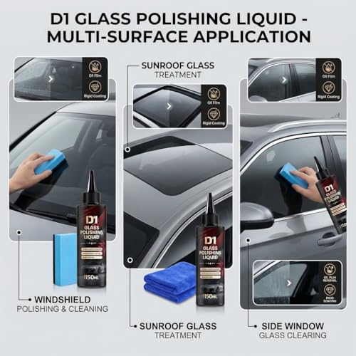 Glass Polishing Liquid with Sponges D1-2026 New No White Residue Formula | Complete Kit with Precision Applicators | Removes Hard Water Stains, Oil Film & Wiper Marks Safely (1 PCS)