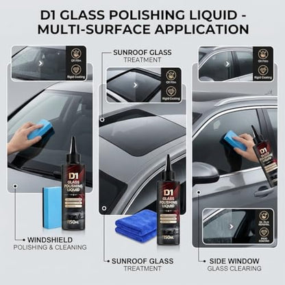 Glass Polishing Liquid with Sponges D1-2026 New No White Residue Formula | Complete Kit with Precision Applicators | Removes Hard Water Stains, Oil Film & Wiper Marks Safely (1 PCS)