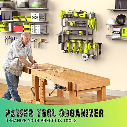 SUNALLY Power Tool Organizer, 4 Drill Holder Wall Mount, Garage Tool Organizer and Storage with Screwdriver Holder, Garage Organization, 4 Layer Cordless Drill Holder with Hammer Holder - style: 4 Drill Holders G
