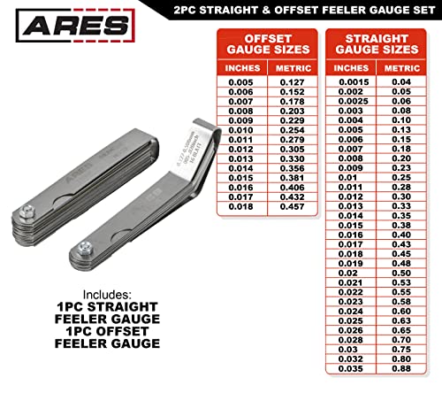 ARES 11043-2-Piece Straight Feeler Gauge & Offset Feeler Gauge Set - Straight Gauge has 32 Dual-Marked SAE & Metric Sizes - Offset has 16 Dual-Marked Sizes - Precisely Measure Mechanical Clearances - size: 2-Piece Straight and Offset Feeler Gauge Set