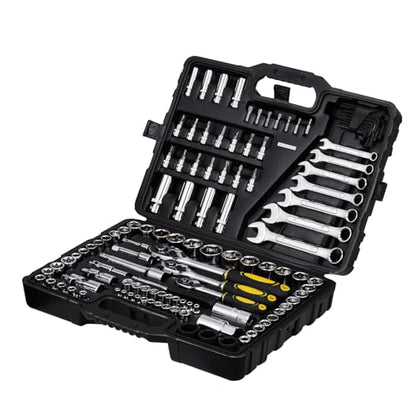 VEVOR 121-Piece Mechanics Tool Set - 1/4" 3/8" 1/2" Drive Sockets - SAE and Metric Mechanic Tool Kit with Bits - Ratchet Handle, Wrenches, Accessories, and Plastic Storage Case for Automotive Repair - size: 1/4"&3/8"&1/2", style: 121 PCS
