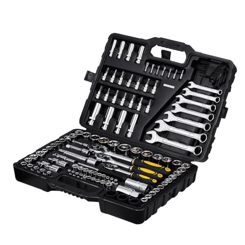 VEVOR 121-Piece Mechanics Tool Set - 1/4" 3/8" 1/2" Drive Sockets - SAE and Metric Mechanic Tool Kit with Bits - Ratchet Handle, Wrenches, Accessories, and Plastic Storage Case for Automotive Repair - size: 1/4"&3/8"&1/2", style: 121 PCS