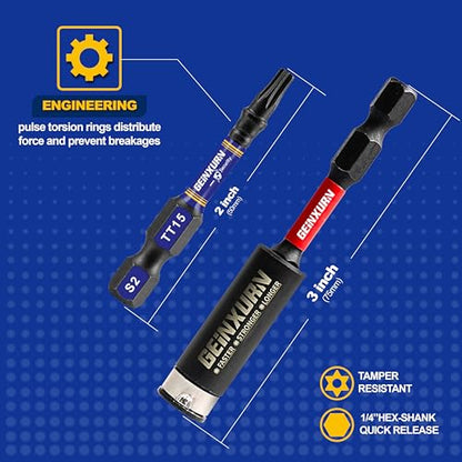 Geinxurn 2 In. Security T15 Impact Magnetic Screwdriver Bit Set, 51 Pieces #15 Torx Head Power Bit Set, S2 Alloy Steel Hollow Star Bit Set with 1 Pcs Impact Bit Holder - size: 2"-51PCS, style: TT15