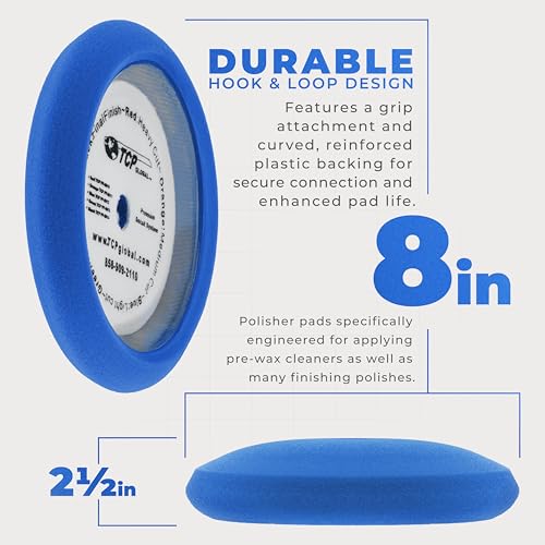 TCP Global 8" Blue Foam Buffing Pad Light Cut Polish Hook and Loop Backing - Buffing Pad for Automotive, Marine, Truck, RV & Compound Cutting - color: Blue