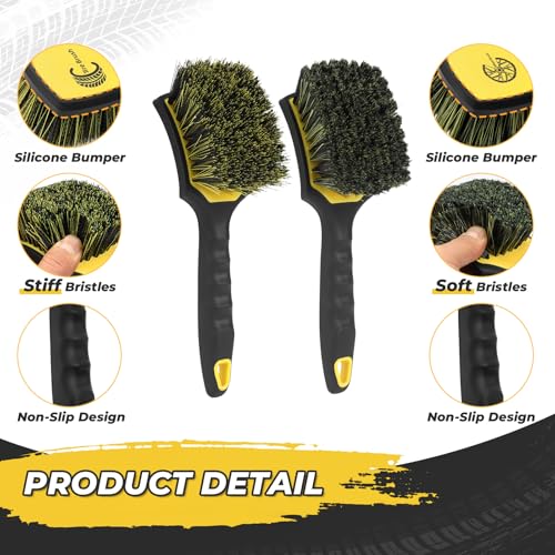 Wheel and Tire Brush Detailing Kit, Yellow | Soft Rim Brush & Stiff Tire Brush, Silicone Bumper Guard, Non-Slip Ergonomic Handle, For Alloy Wheels, Fenders, Mats - color: black yellow