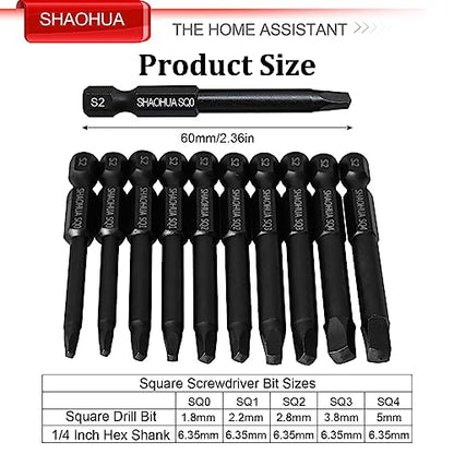10PCS Square Drill Bit, 2.36" Magnetic Head Robertson Screwdriver, 1/4 Inch Hex Shank Square Bit Set Sizes #0,1,2,3 and #4, PREMIUM S2 Alloy Steel Robertson Driver Bits, Pocket Hole Screw Drill Bit - style: B. Square Screwdriver Bits