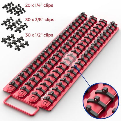 Olsa Tools Socket Organizer Tray - Portable Red Rail with Black Clips - Stores 80 Sockets Securely - Professional-Grade Socket Holder - Part 1047 - color: Red Tray/Black Clips
