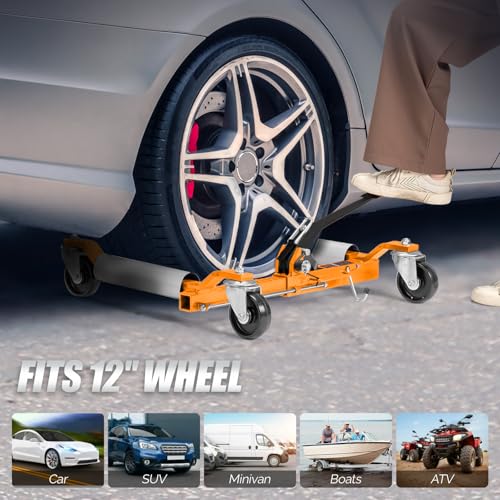 TUFFIOM Car Wheel Dolly Set of 4, Mechanical 6000-lbs Car Dollies, 12'' Wheel Vehicle Positioning Jack, No Assembly, Heavy Duty Rollers w/Ratcheting Foot Pedal, for Tire Auto Repair,Orange - color: Orange-Silver,Set of 4
