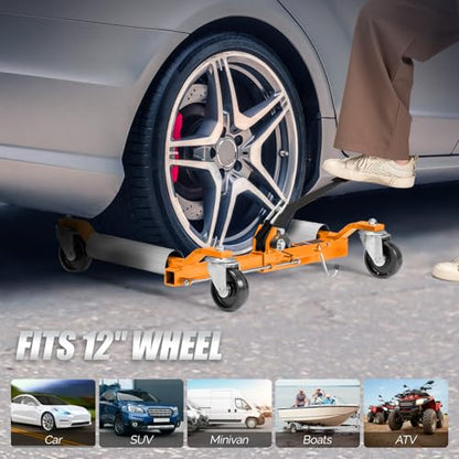 TUFFIOM Car Wheel Dolly Set of 4, Mechanical 6000-lbs Car Dollies, 12'' Wheel Vehicle Positioning Jack, No Assembly, Heavy Duty Rollers w/Ratcheting Foot Pedal, for Tire Auto Repair,Orange - color: Orange-Silver,Set of 4