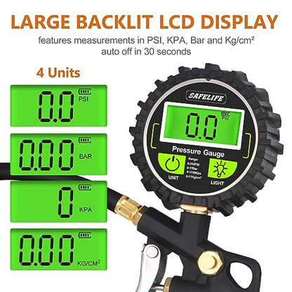 SAFELIFE Digital Tire Pressure Gauge with Inflator, 250 PSI Air Chuck with Pressure Gauge and Air Compressor Tire Inflator Attachment Include Quick Connect Coupler, 0.1 Display Resolution