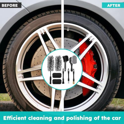 9PCS Car Wheel Cleaning Pro Kit, Tire Brush, Detailing Brush Set, Soft-bristled Rims Brush, Microfiber Flat Wheel Brushes, Double-Ended Detailing Brushes, Detailing Pads, Scratch-Free & Multipurpose