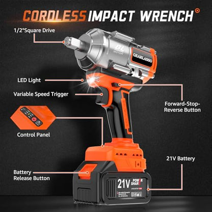 1600Nm(1200Ft-lbs) High Torque Cordless Impact Wrenches 1/2" Brushless Impact Gun Wrench with 2 x 4.0Ah 21V Batteries, 6 Sockets, Extension Bar, Variable Speeds for Home/Car/Truck/RV/Mower - size: 1600N.m