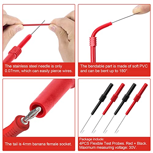 OIIKI 4 PCS Flexible Back Probe Pins, Bendable PVC Test Probes with 4mm Banana Socket Plug, Circuit Testers for Car Test, Automotive Repairing, Electrical Testing - Black, Red - color: Black, Red,4pcs