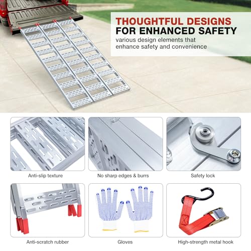 Aluminum Tri-Folding Truck Ramps 1600Lbs Max, Loading Ramps for Pickup Trucks Bed, Trailers Ramp with Load Straps for ATV/UTV, Sweeper Machine, Golf Carts, Touring Motorcycles, Small Tractor