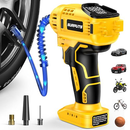 Tire Inflator Air Compressor Compatible with Dewalt 20V Battery, 150PSI Cordless Portable Air Pump with Digital & Auto Shut-Off, LED Light for Car Motorcycles Bike Ball (Tool Only) (Yellow)