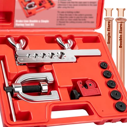 Clatoon Brake Line Double & Single Flaring Tool Kit with Tubing Cutter, Brake Line Repair Kit for Copper, Aluminum, Brake Line and Brass Tubing, Flare Tool kit Includes 5 Adapters, 45 Degrees