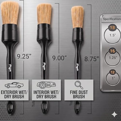 Car Detailing Brush Set, 3 Pack Interior and Exterior Detail Brushes, with Soft Boars Hair Bristles for Auto Interior & Exterior - for Cleaning Leather Seats, Air Vents, Wheels & Emblems