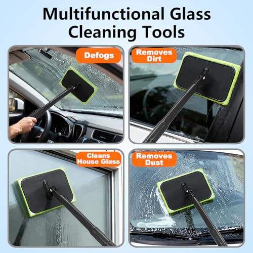 Windshield Cleaner Tool with 6 Reusable Magic Fiber Pads & Spray Bottle, Removable Handle Car Window Wiper Kit for Interior/Exterior Glass, Trucks, SUVs, RV (Dry & Wet Use)