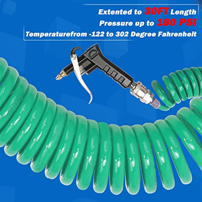 Heavy Duty Truck Air Duster Blow Gun Cleaning with 9 Meter Long Coil and 2 interchangeable nozzle tips- Green Air Seat Blow Gun Kit - color: Green
