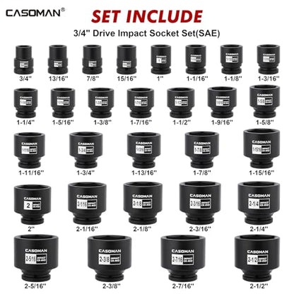 CASOMAN 29-Piece 3/4" Drive Shallow Spindle Axle Nut Impact Socket Set, 6-Point, Standard Large Socket Set, SAE (3/4" to 2-1/2"), CR-MO Steel, with Storage Case - size: 29 PCS (3/4" to 2-1/2")