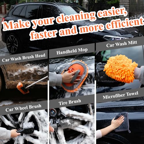 10Pcs 60" Car Wash Kit with Long Handle, Soft Extendable Car Wash Brush & Mop, Wheel & Tire Brush, 2-in-1 Window Squeegee, Microfiber Towel & Wash Mitt for Cars, SUVs, Trucks Exterior Cleaning - style: Exterior