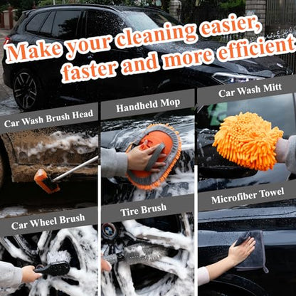 10Pcs 60" Car Wash Kit with Long Handle, Soft Extendable Car Wash Brush & Mop, Wheel & Tire Brush, 2-in-1 Window Squeegee, Microfiber Towel & Wash Mitt for Cars, SUVs, Trucks Exterior Cleaning - style: Exterior