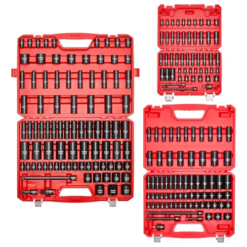 VEVOR 1/4 & 3/8 & 1/2 Inch Drive Impact Socket Set, 210-Piece Metric and Standard Full Sockets, Deep & Shallow, CR-V, 6 Point, Extension Bars, Universal Joint, Three Carrying Cases - style: 1/2" & 3/8" & 1/4" 210PCS