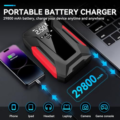 Jump Starter with Air Compressor, 4000A Car Battery Jump Starter for 12V Vehicles, Portable Battery Booster (9.0L Gas/8.0L Diesel), 150 PSI Tire Inflator, LCD Display, USB-C, LED Light (Black)